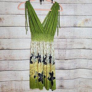 Tropical Floral Dress with Ruched Shoulders